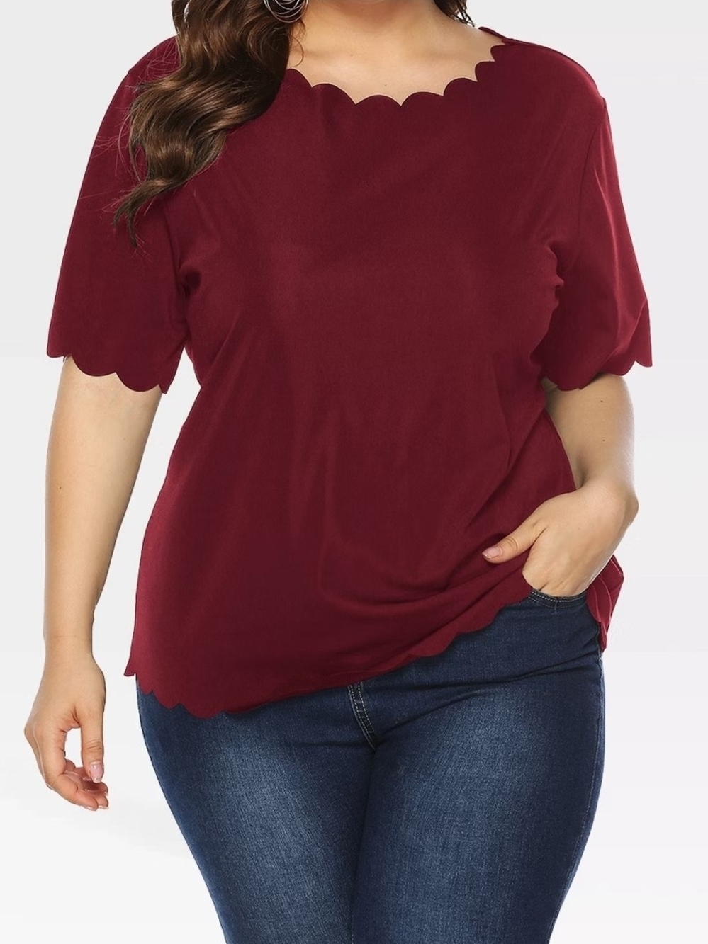 Anna-Kaci Burgundy Solid Scalloped Scoop Neck Short Sleeve Top Plus 1XL